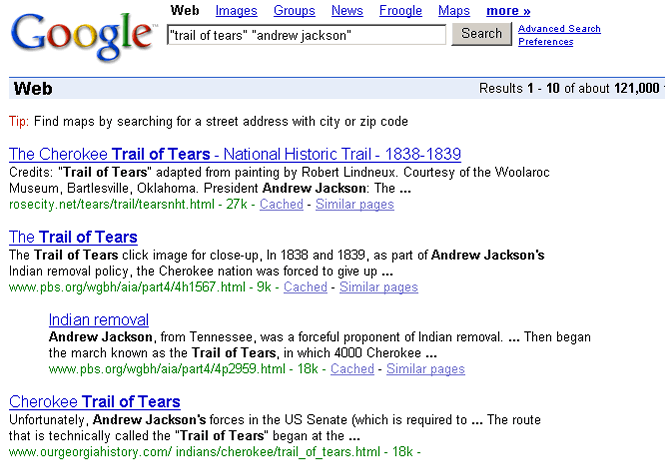 Google Search: "trail of tears" "andrew jackson"
