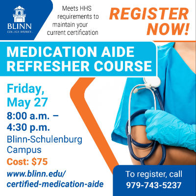 Blinn-Schulenburg to offer certified medication aide refresher course on May 27
