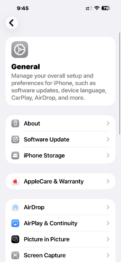 iPhone General settings screen