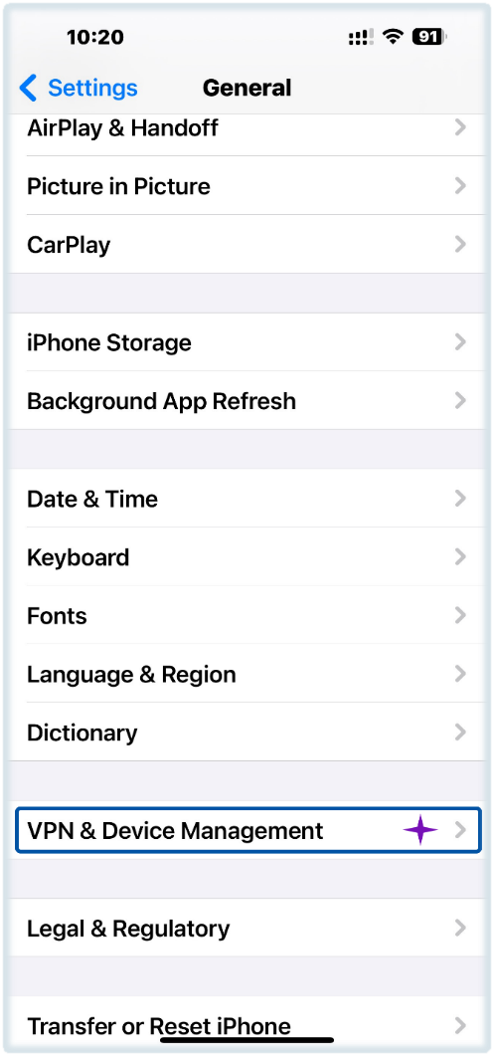 iPhone General settings screen showing VPN and Device Management