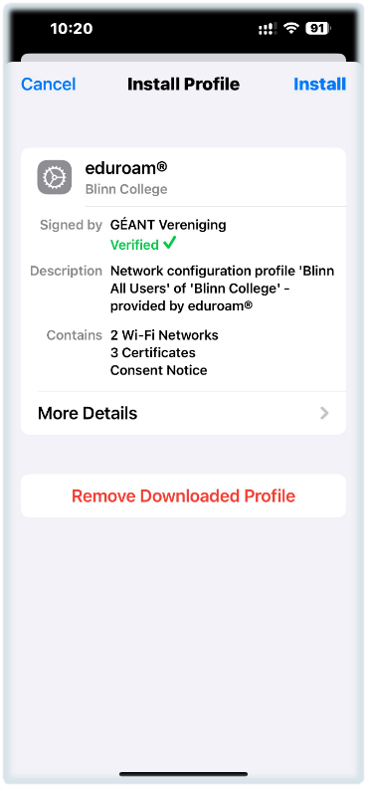 eduroam profile screen showing the Remove Downloaded Profile option